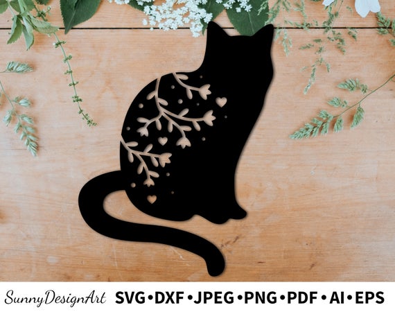 570x450 Cat Black Silhouette Png Floral Paper Cut Template Etsy