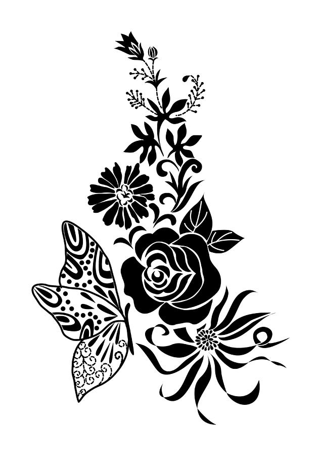 635x900 Abstract Black Flower Bouquet With Butterfly Tattoo, Isolated
