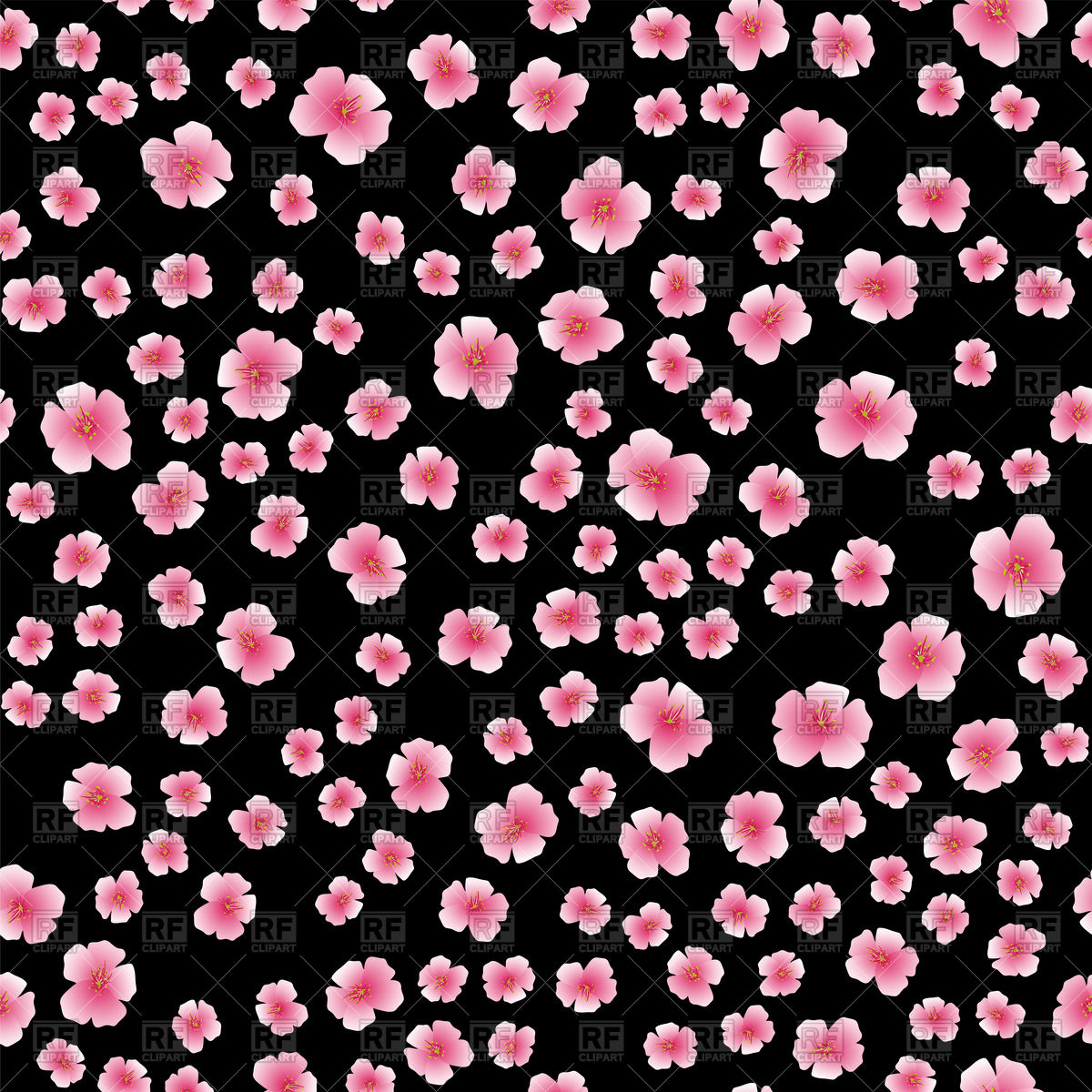 1200x1200 Floral Seamless Pattern With Blossom Sakura Flower On Black