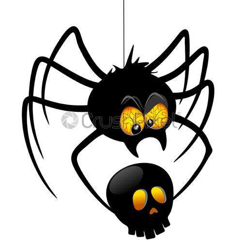 500x500 Halloween Funny Spider Cartoon Holding Black Skull Vector