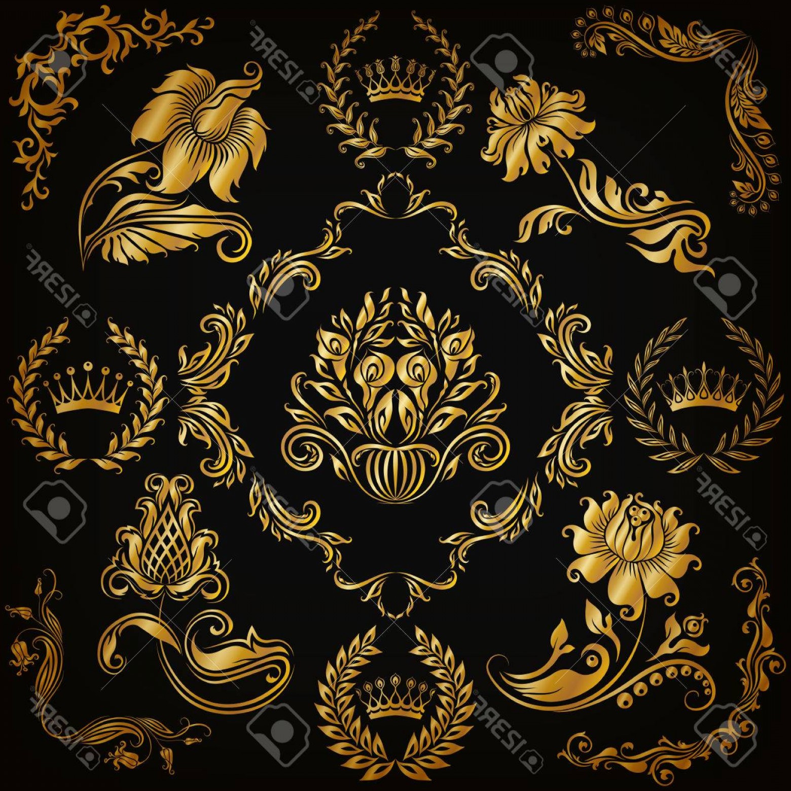 1560x1560 Photostock Vector Set Of Gold Damask Ornaments Floral Element