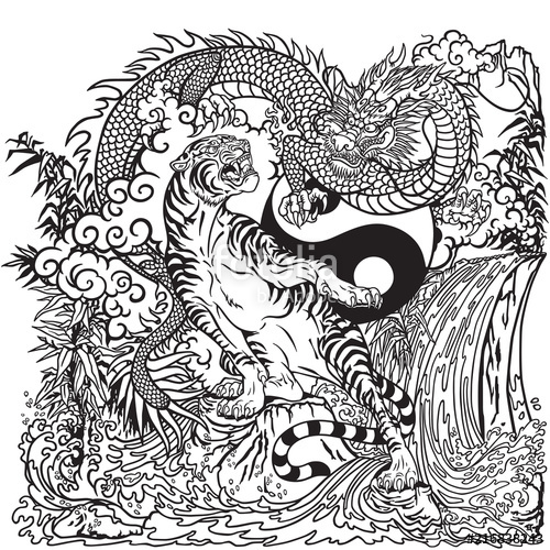 500x500 Chinese Dragon Versus Tiger In The Landscape With Waterfall