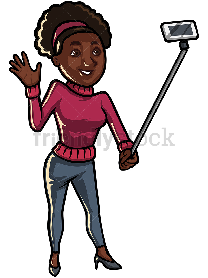 800x1067 Black Woman Taking Selfie With Stick Vector Cartoon Clipart