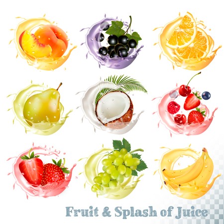 450x450 Set Of Fruit Juice Splash Peach, Orange, Pear, Grapes, Banana