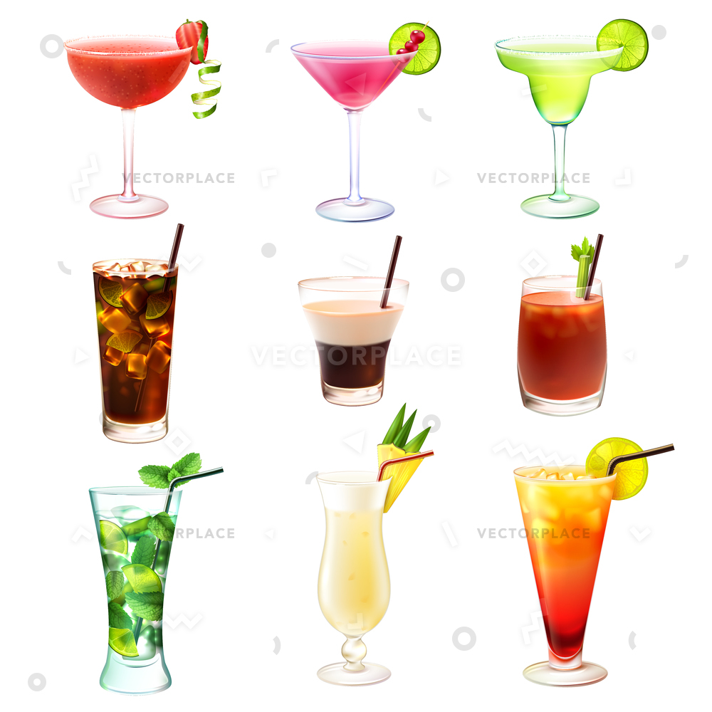 1000x1000 Cocktail Realistic Decorative Icons Set Margarita Vector