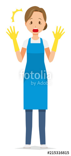 A Woman Wearing A Blue Apron And Rubber Gloves Is Surprised Stock 228x500 A Woman Wearing A Blue Apron And Rubber Gloves Is Surprised Stock