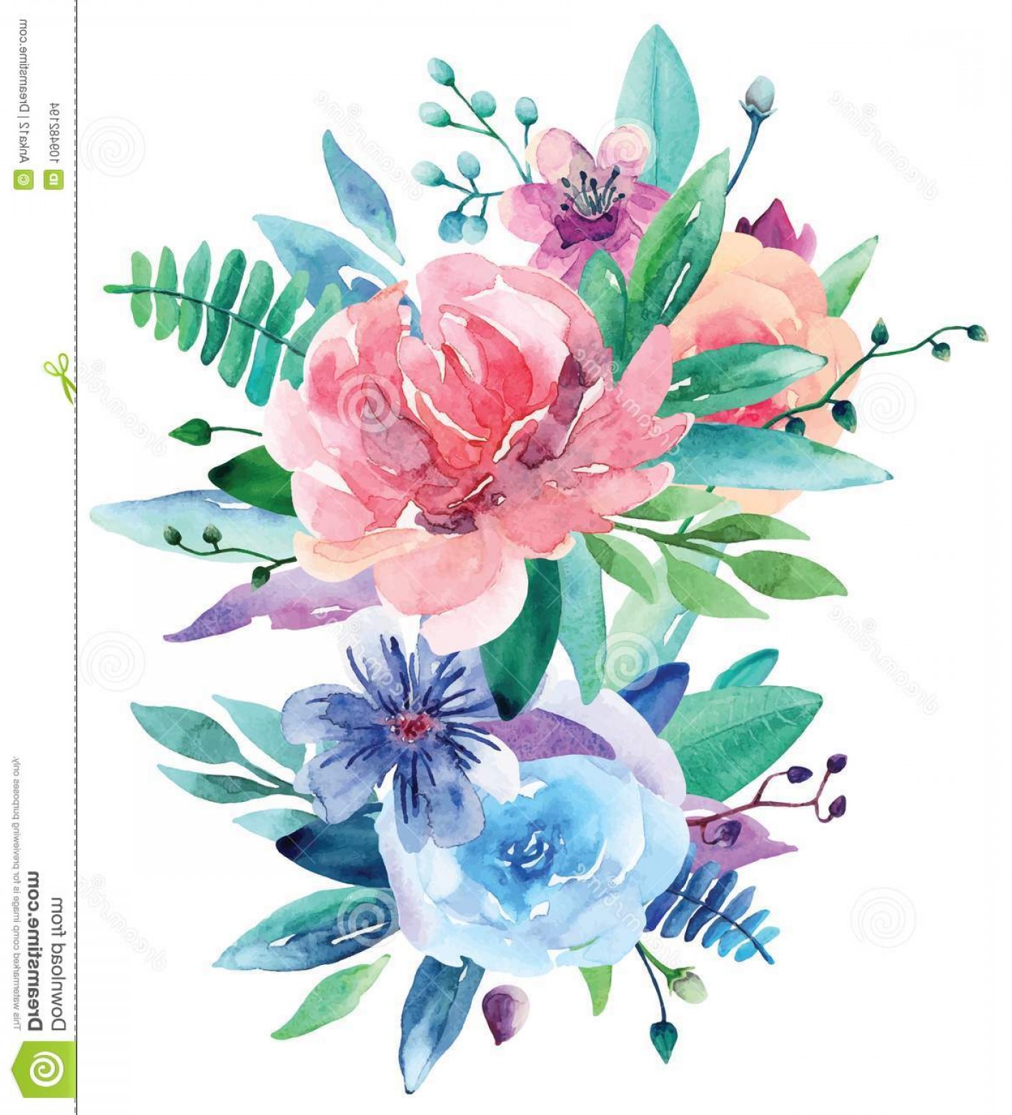 1416x1560 Watercolor Bouquet Vector Clip Art Pink Blue Floral Illustration