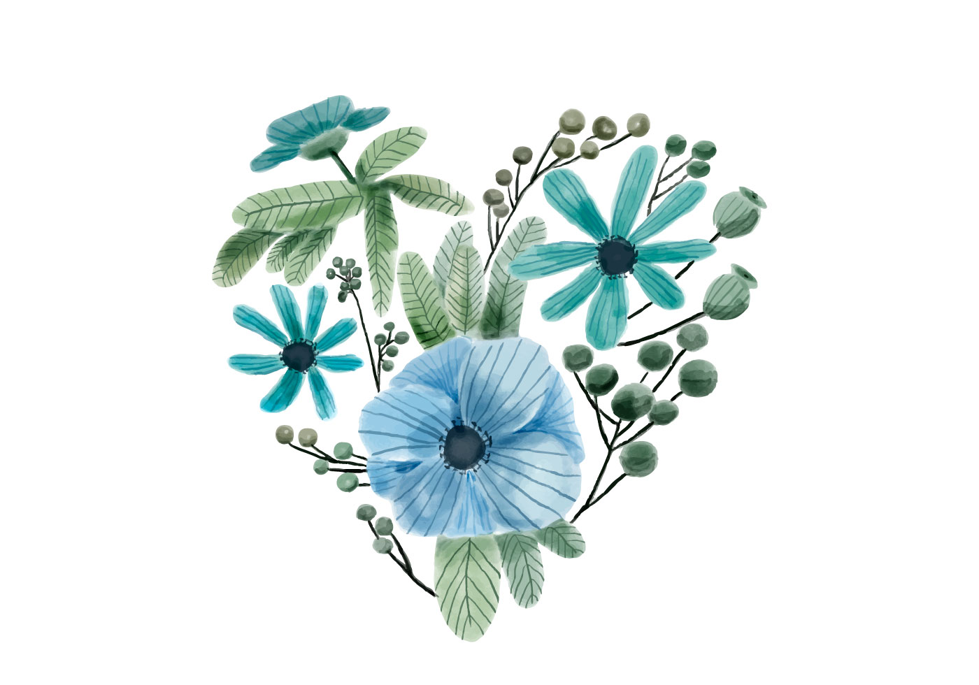 1400x980 Watercolor Heart Blue And Green Flowers And Leaves