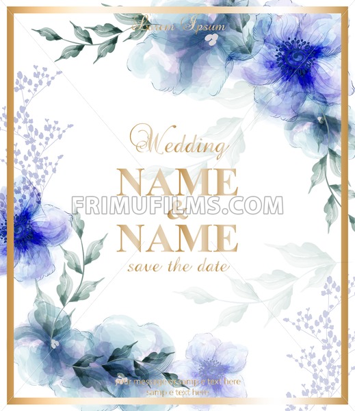 519x600 Wedding Card With Watercolor Blue Flowers Vector Illustration