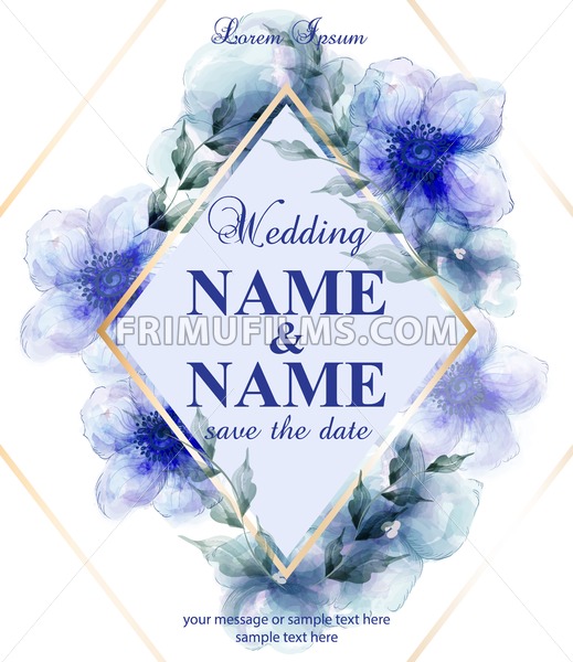 519x600 Wedding Card With Watercolor Blue Flowers Vector Illustrations