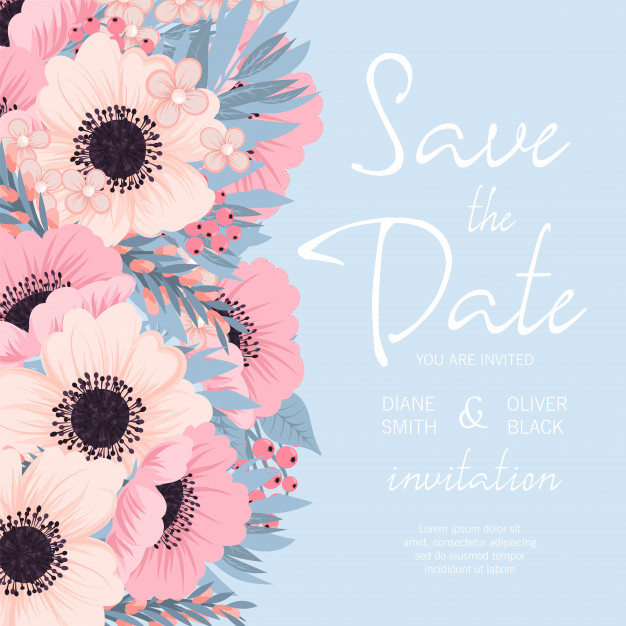 626x626 Wedding Invitation With Pink And Blue Flower Vector Free Download