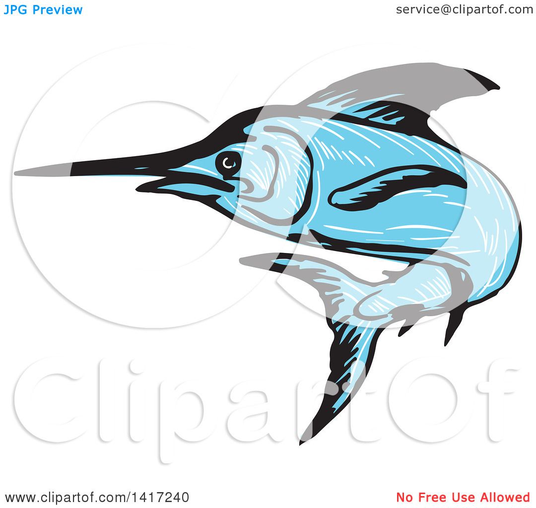 1080x1024 Clipart Of A Sketched Blue Marlin Fish Leaping