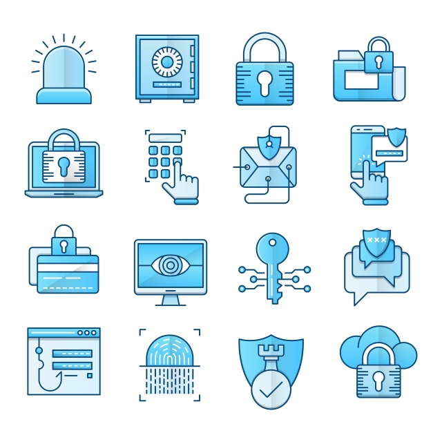 640x640 Security Vector Blue Icons Set, Alarm, Lightning, Cloud Security