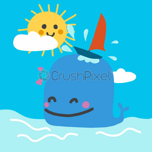 500x500 Cute Blue Whale With Boat Surfing And Sun Smile Cartoon, Stock