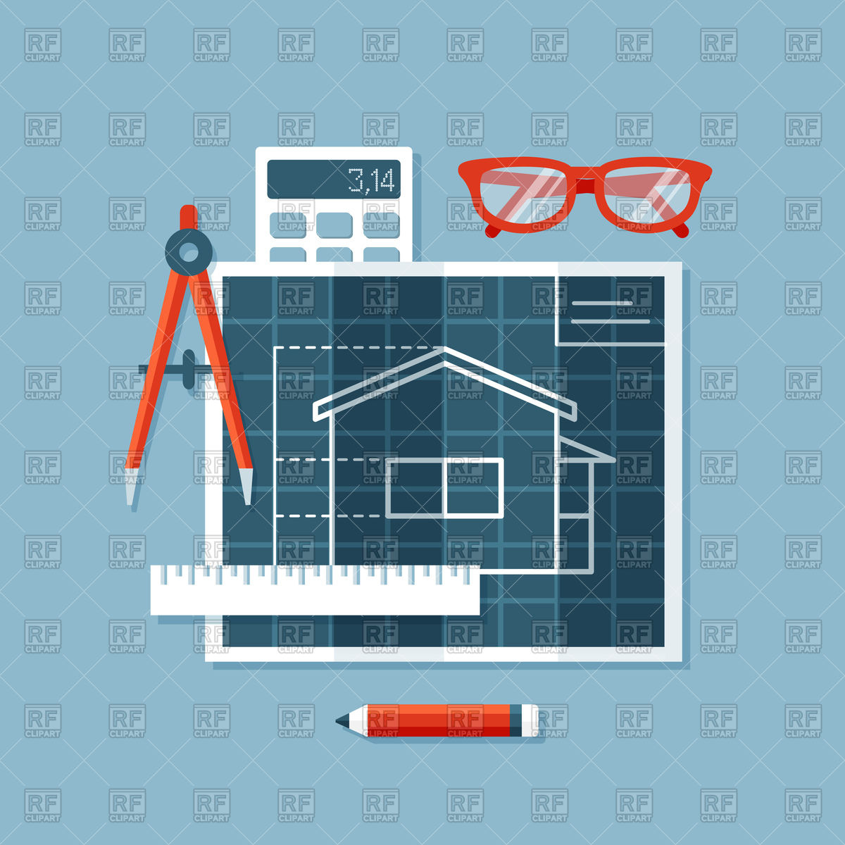 Flat Design Engineering Tools Blueprint With Plan Of House, E 1200x1200 Flat Design Engineering Tools Blueprint With Plan Of House, E