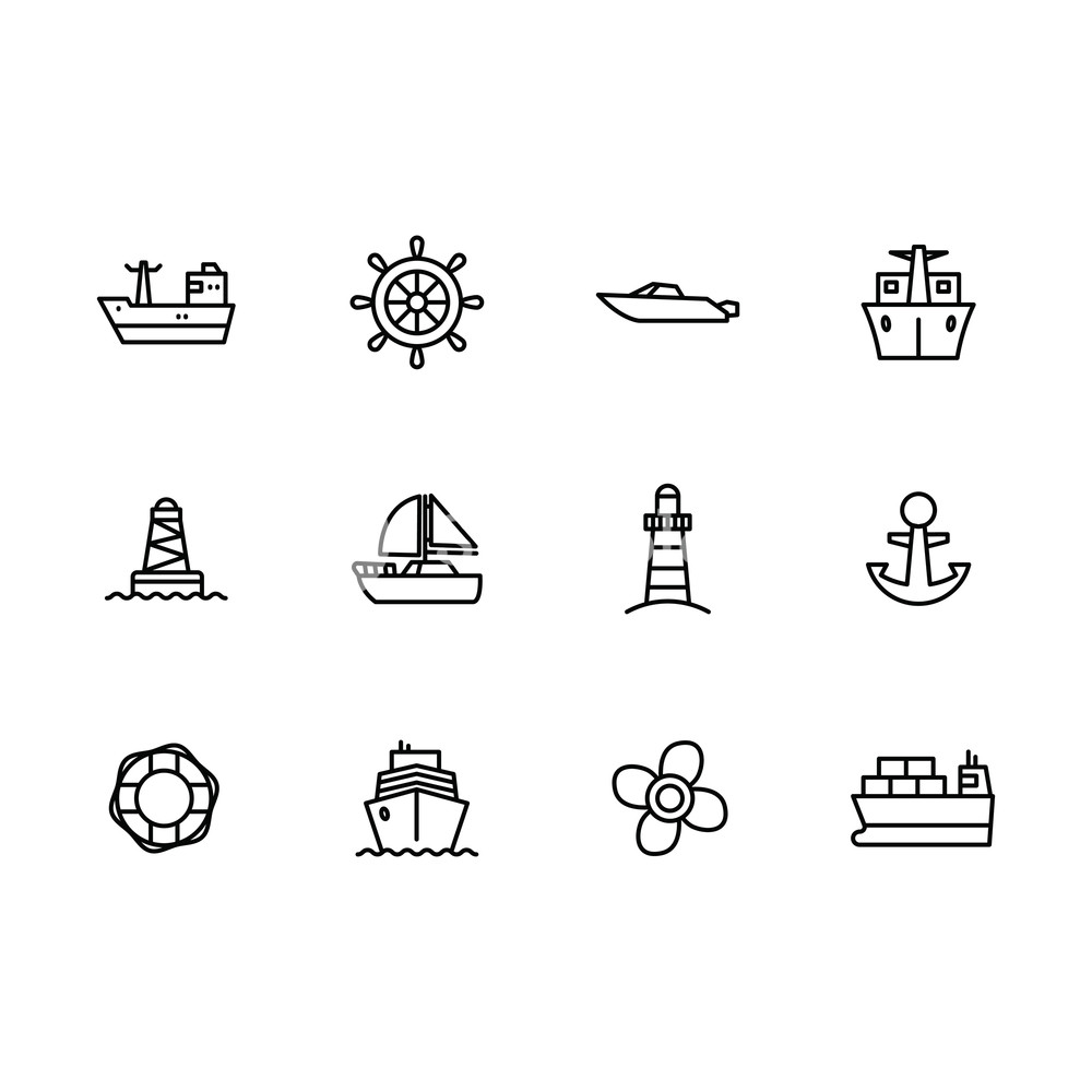 1000x1000 Vector Icon Set Sea Ship, Sailing Boat, Steering Wheel, Yacht
