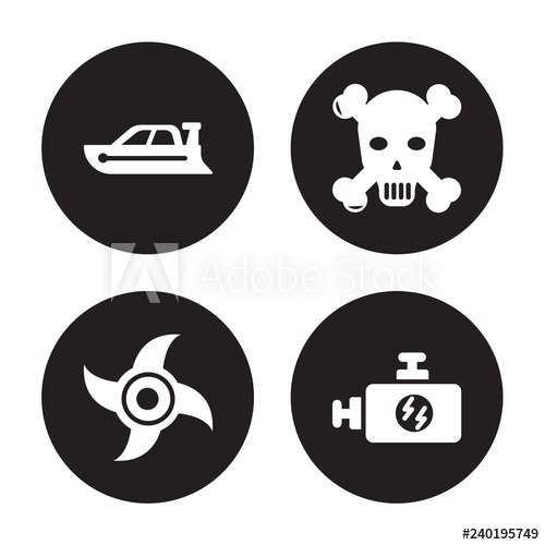 500x500 Vector Icon Set Speed Boat, Ship Engine Propeller, Skull