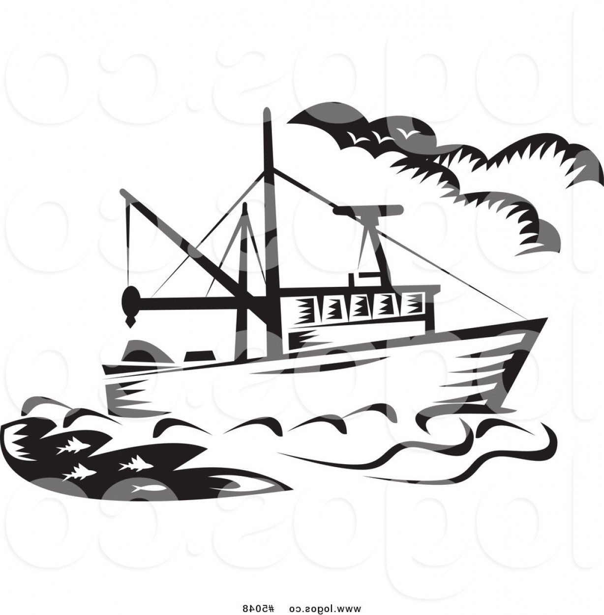 1228x1252 Royalty Free Vector Of A Black And White Fishing Boat Logo