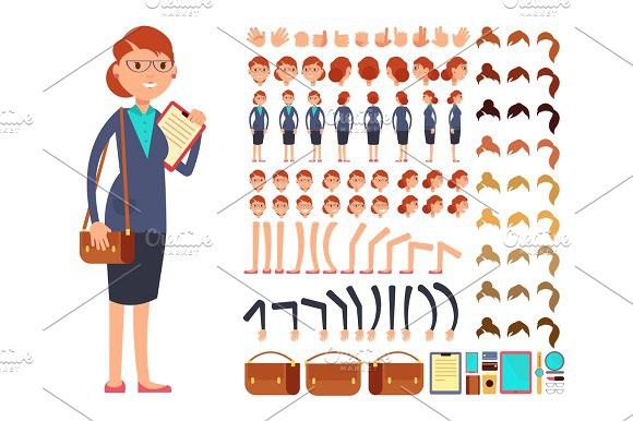 580x386 Cartoon Flat Businesswoman Vector Character Constructor With Set