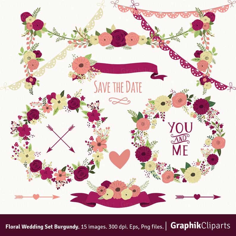 794x794 Floral Burgundy Spring Clip Art Vector Flowers Boho Flower Etsy
