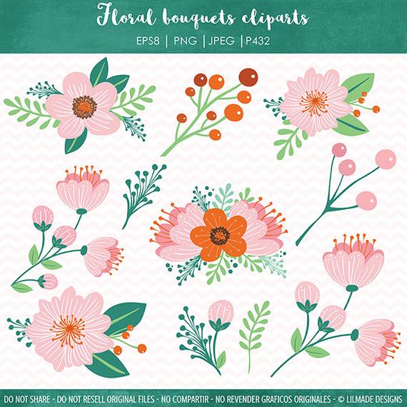570x570 Floral Bouquets Clipart, Botanical Clipart, Flower Clipart, Pink