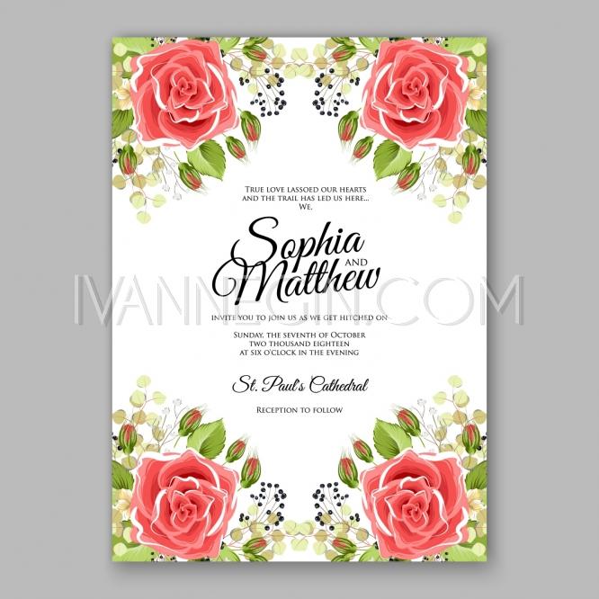 666x666 Pink Red Rose Floral Wedding Invitation Printable Gold Bridal