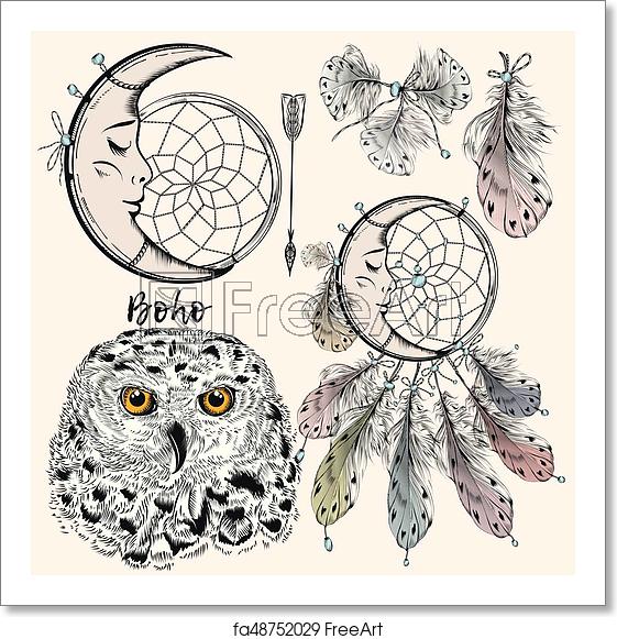 561x581 Free Art Print Of Boho Vector Set From Dreamcatcher, Feathers, Owl