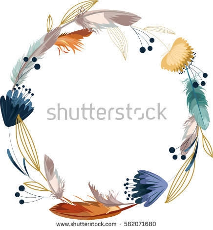 436x470 Boho Wreath With Flower And Feathers Hand Drawn Vector Illust