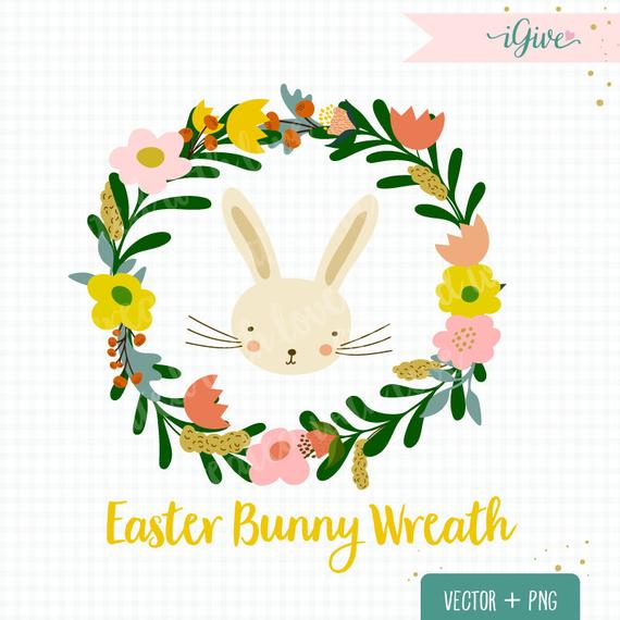 570x570 Easter Bunny Wreath Clip Art Floral Wreath Vector Boho Etsy