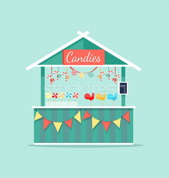 572x600 Big Booth With Candies Icon Vector Illustration Vector