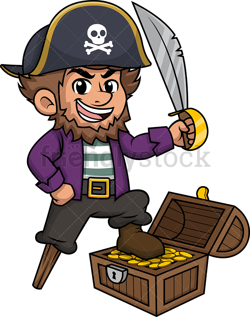 797x1010 Pirate With Treasure Chest Cartoon Clipart Vector