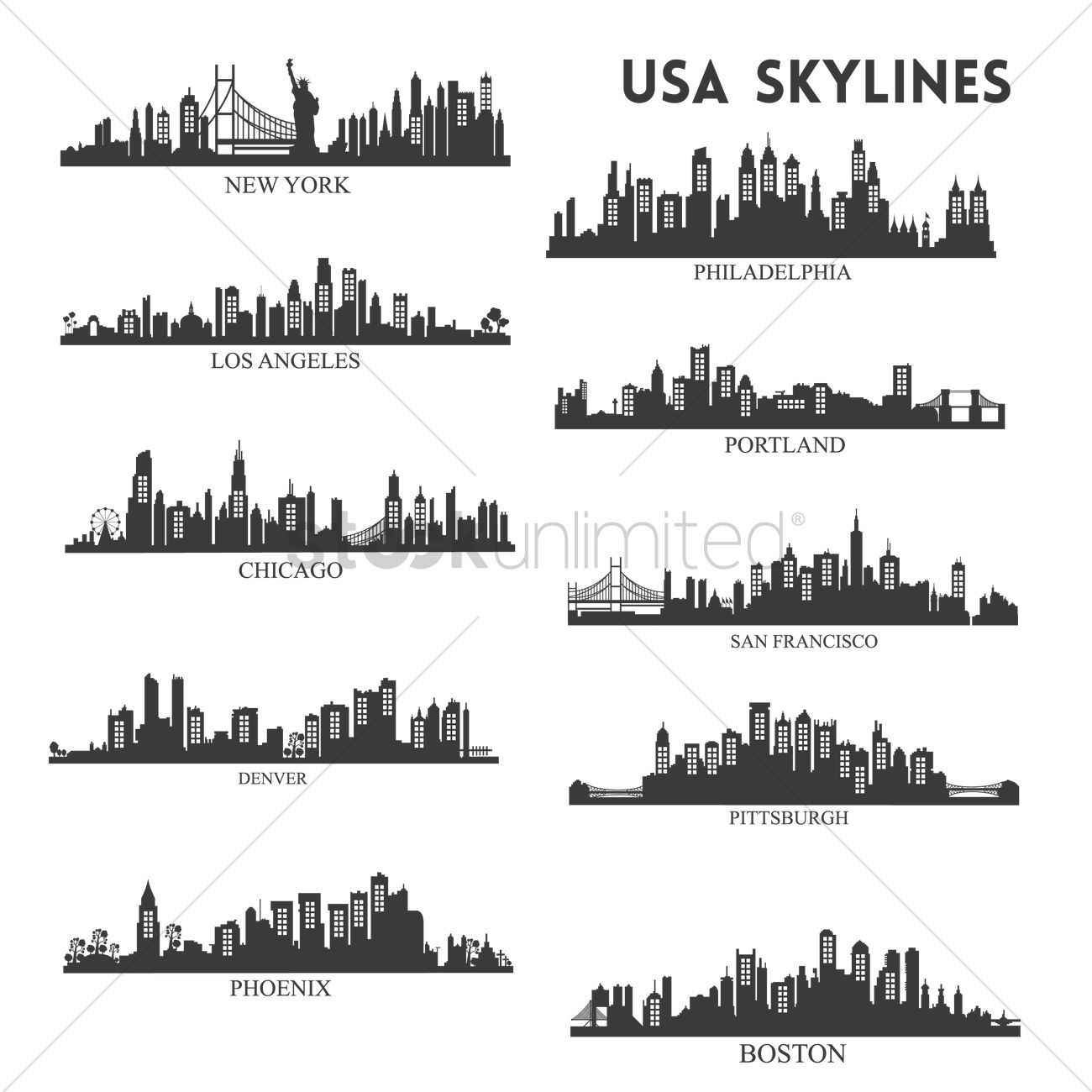 1300x1300 Usa Skyline Silhouette Collection Vector Image