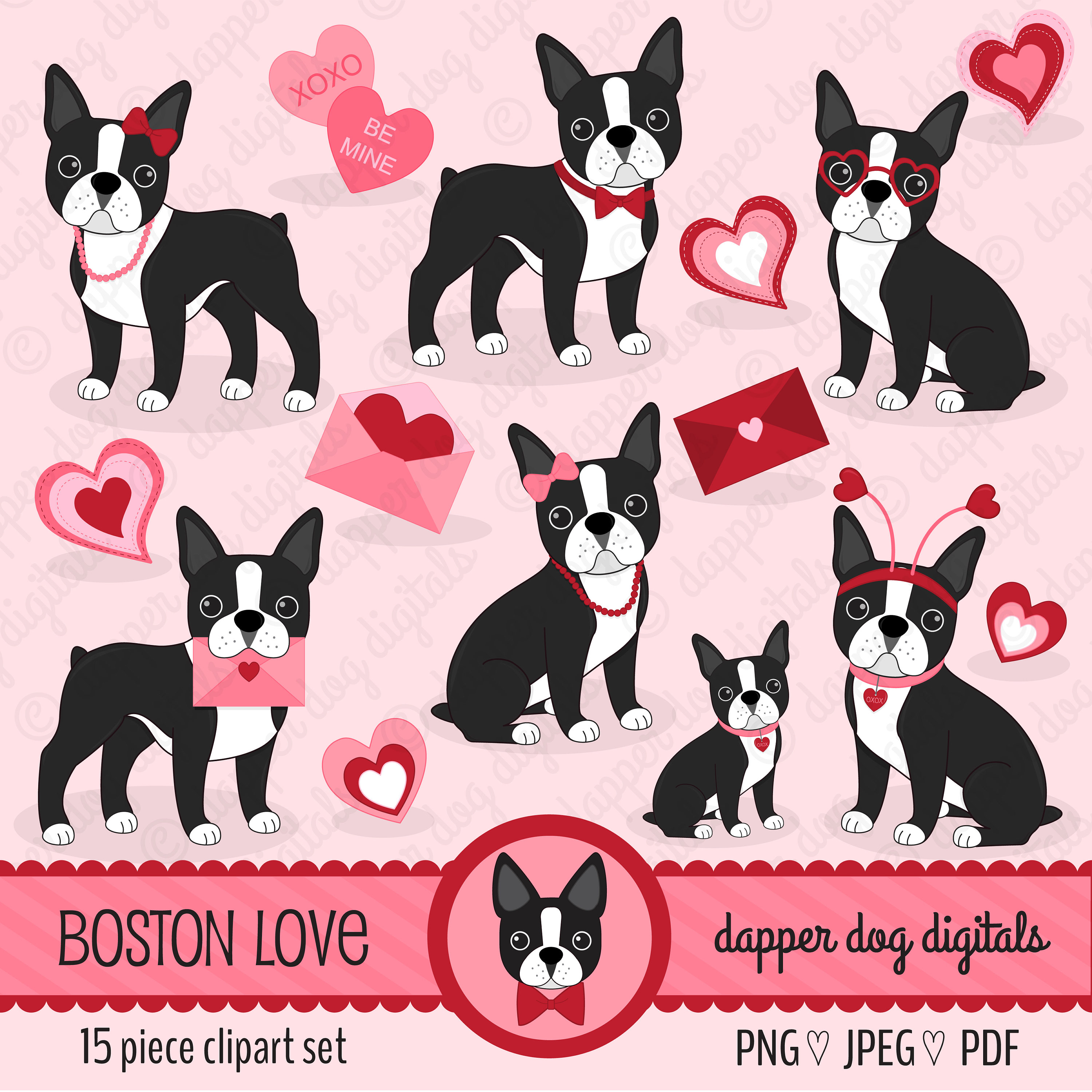 3000x3000 Boston Terrier Valentine Clipart Set Commercial Use Vector Etsy