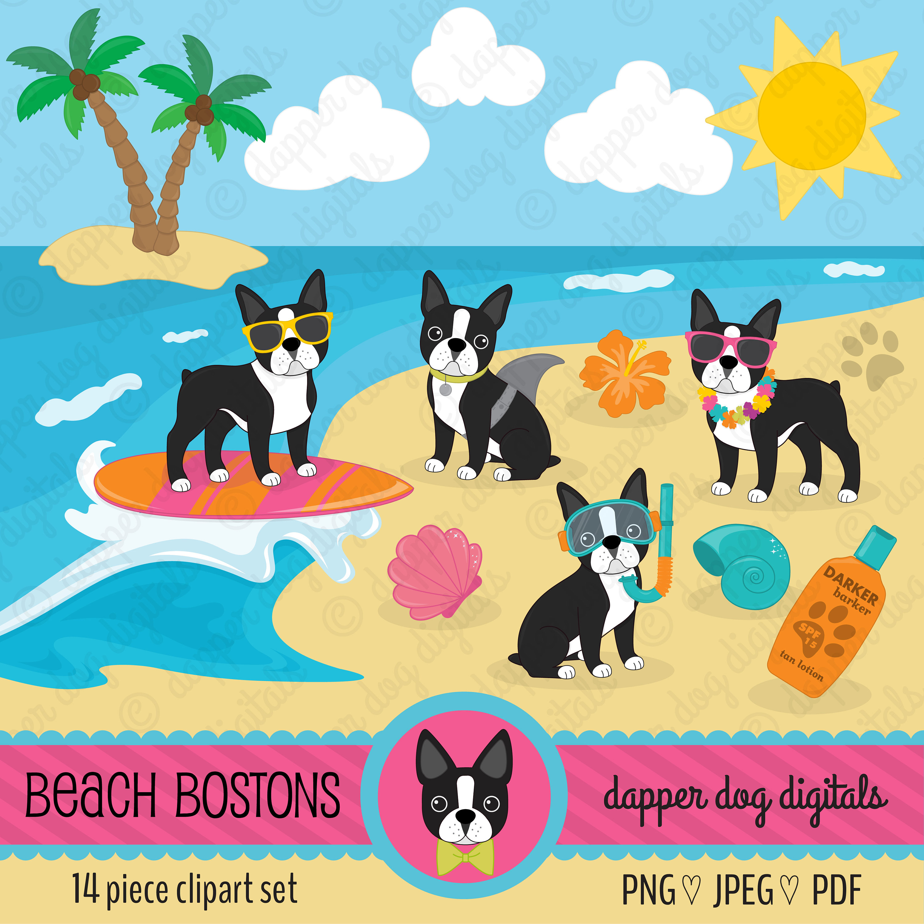 3000x3000 Boston Terrier Beach Dog Clipart Set Commercial Use Vector Etsy