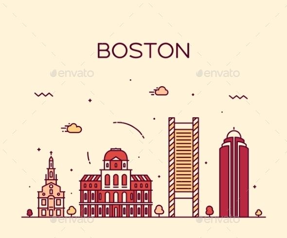 590x489 Boston Skyline Trendy Vector Illustration Linear