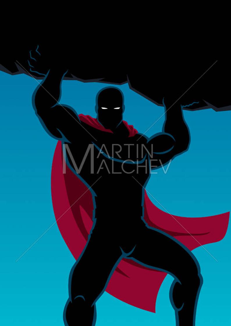 794x1122 Superhero Lifting Boulder Vector Cartoon Clipart Etsy