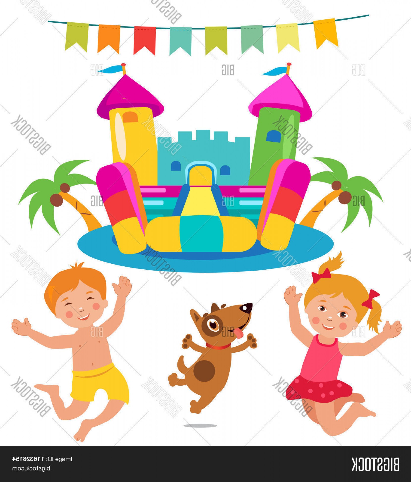 Stock Vector Jumping Kids And Dog And Bouncy Castle Set Cartoon 1658x1944 Stock Vector Jumping Kids And Dog And Bouncy Castle Set Cartoon