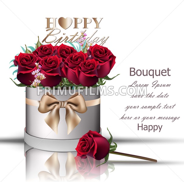 607x600 Happy Birthday Red Roses Bouquet Vector Vintage Floral Gift Box