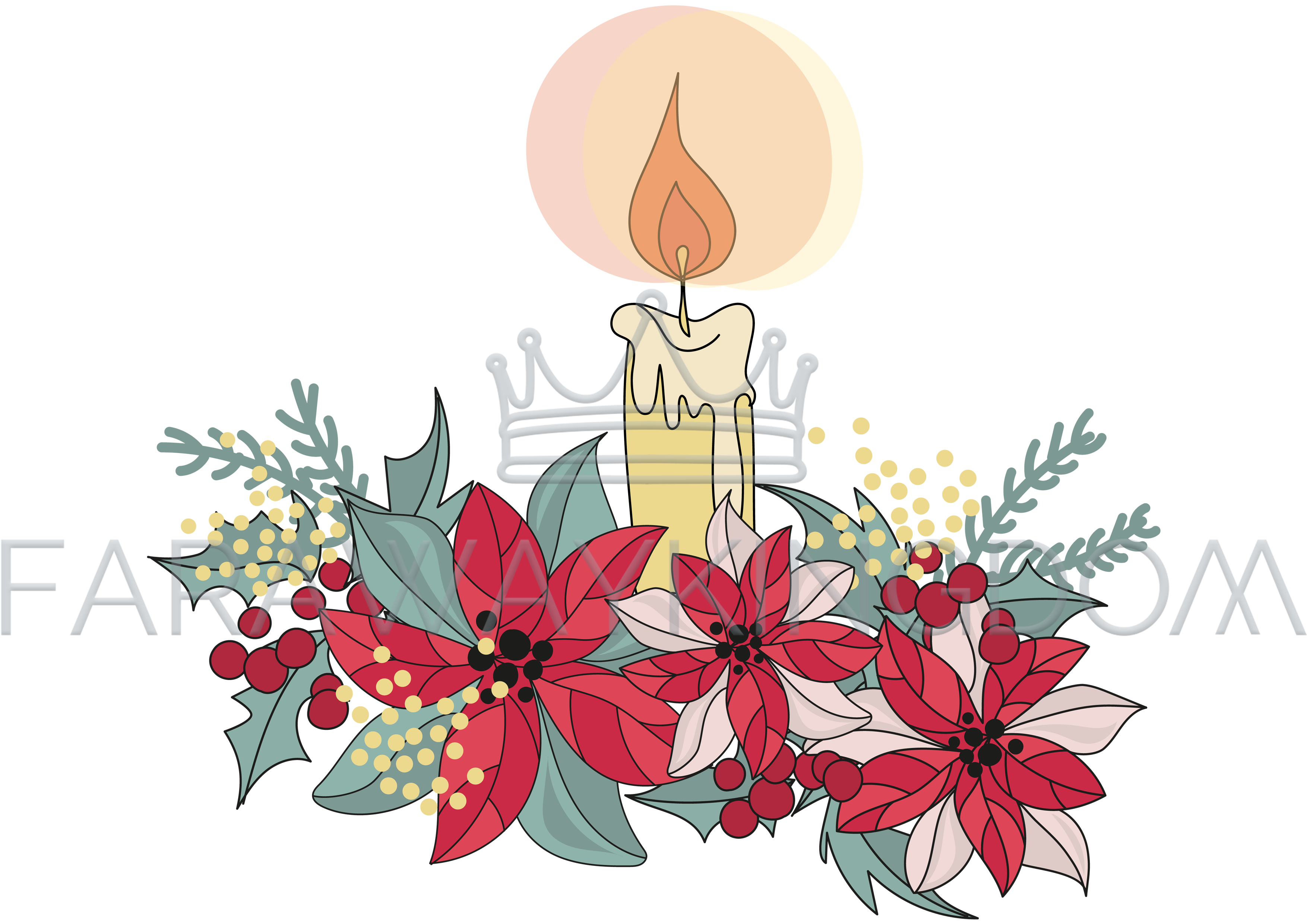 3508x2480 Candle Merry Christmas Flower Bouquet Vector Illustration Set