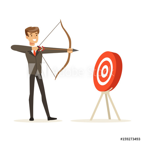 500x500 Cheerful Businessman Aiming Target With Bow And Arrow Vector