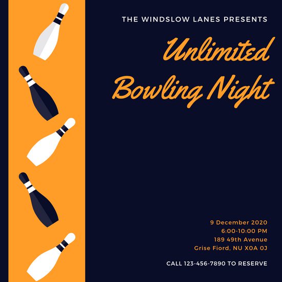 550x550 Yellow Blue Bowling Pins Vector Bowling Invitation