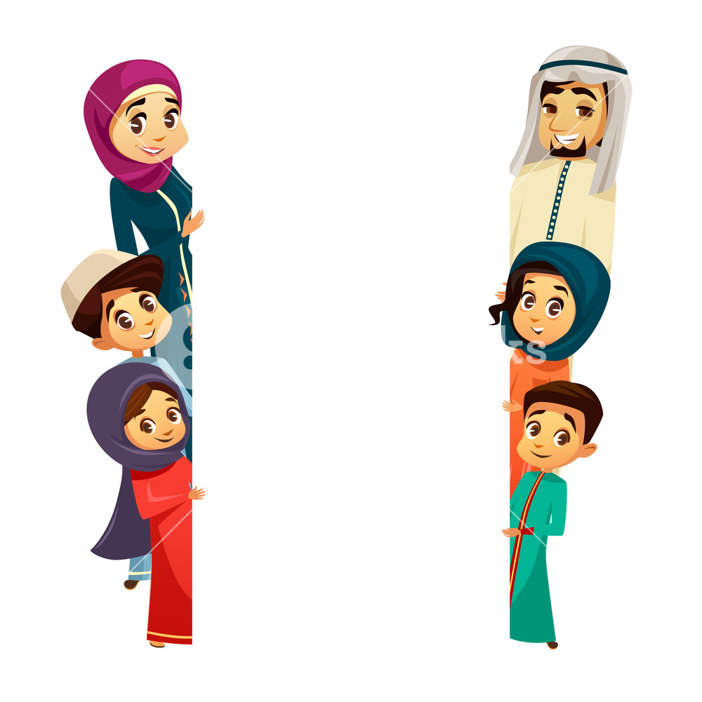1000x1000 Vector Cartoon Arab Khaliji Family Characters Peeping From Behind