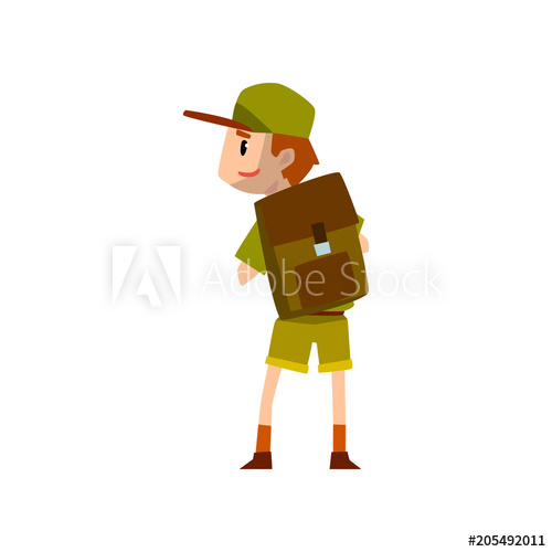 500x500 Boy Scout Character In Uniform Standing With Backpack, Back View
