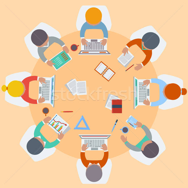 600x600 Office Workers On Meeting And Brainstorming Vector Illustration