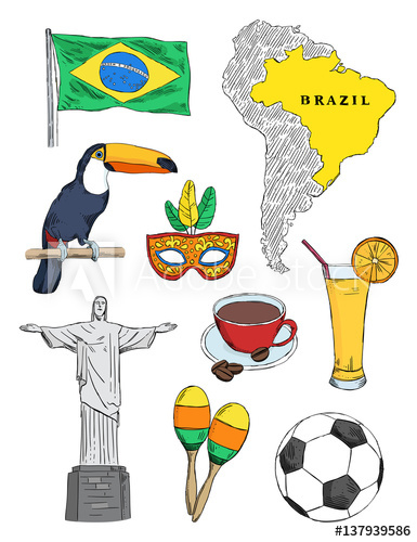 385x500 Brazil Vector Illustration Set Brazil Map And Symbols Sketch