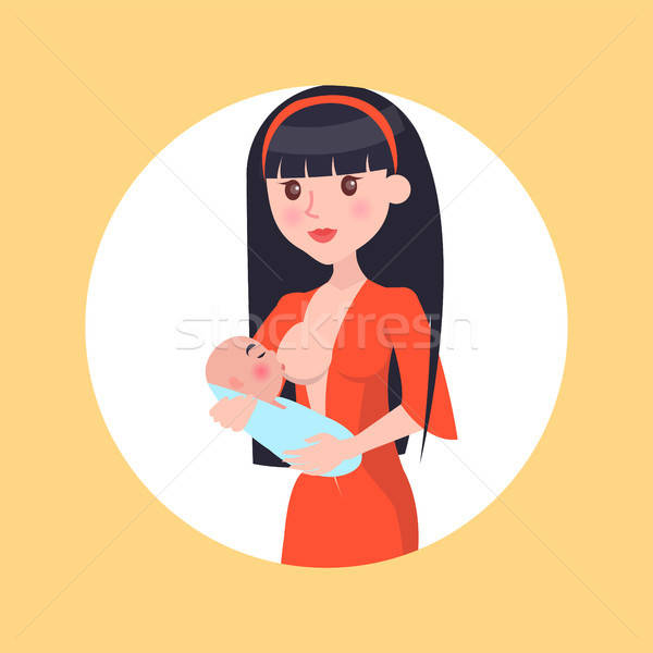 600x600 Brunette Young Mother Feed Her Newborn Baby Breast Vector