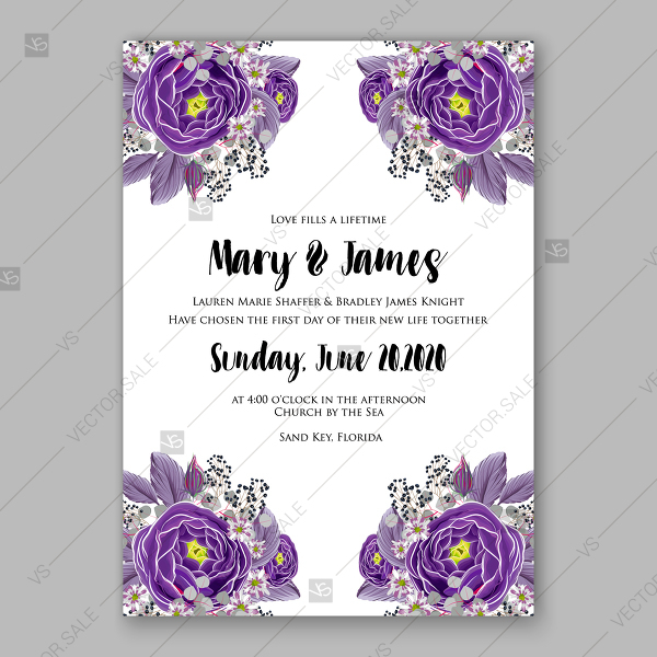 Wedding Invitation Vector Card Template Purple Ranunculus Peony 600x600 Wedding Invitation Vector Card Template Purple Ranunculus Peony