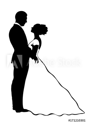 354x500 Bride And Groom Silhouette, Vector Icon, Contour Drawing, Black