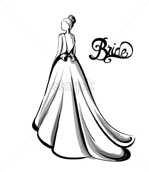 520x600 Wedding Bride Silhouette Vector Line Art Beautiful Long Dress