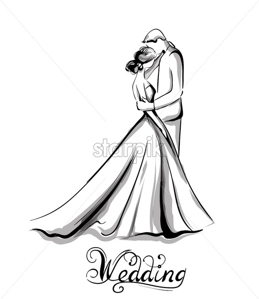 520x600 Wedding Couple Silhouette Vector Line Art Beautiful Bride